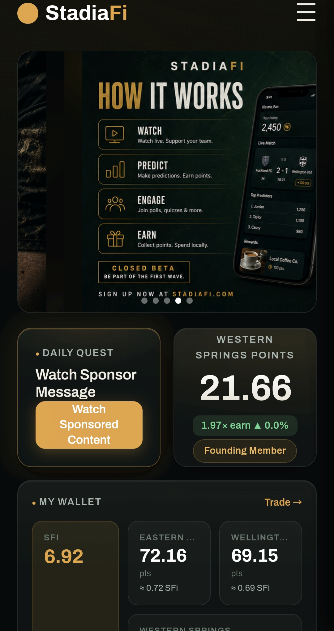 StadiaFi home screen showing points and earn rate