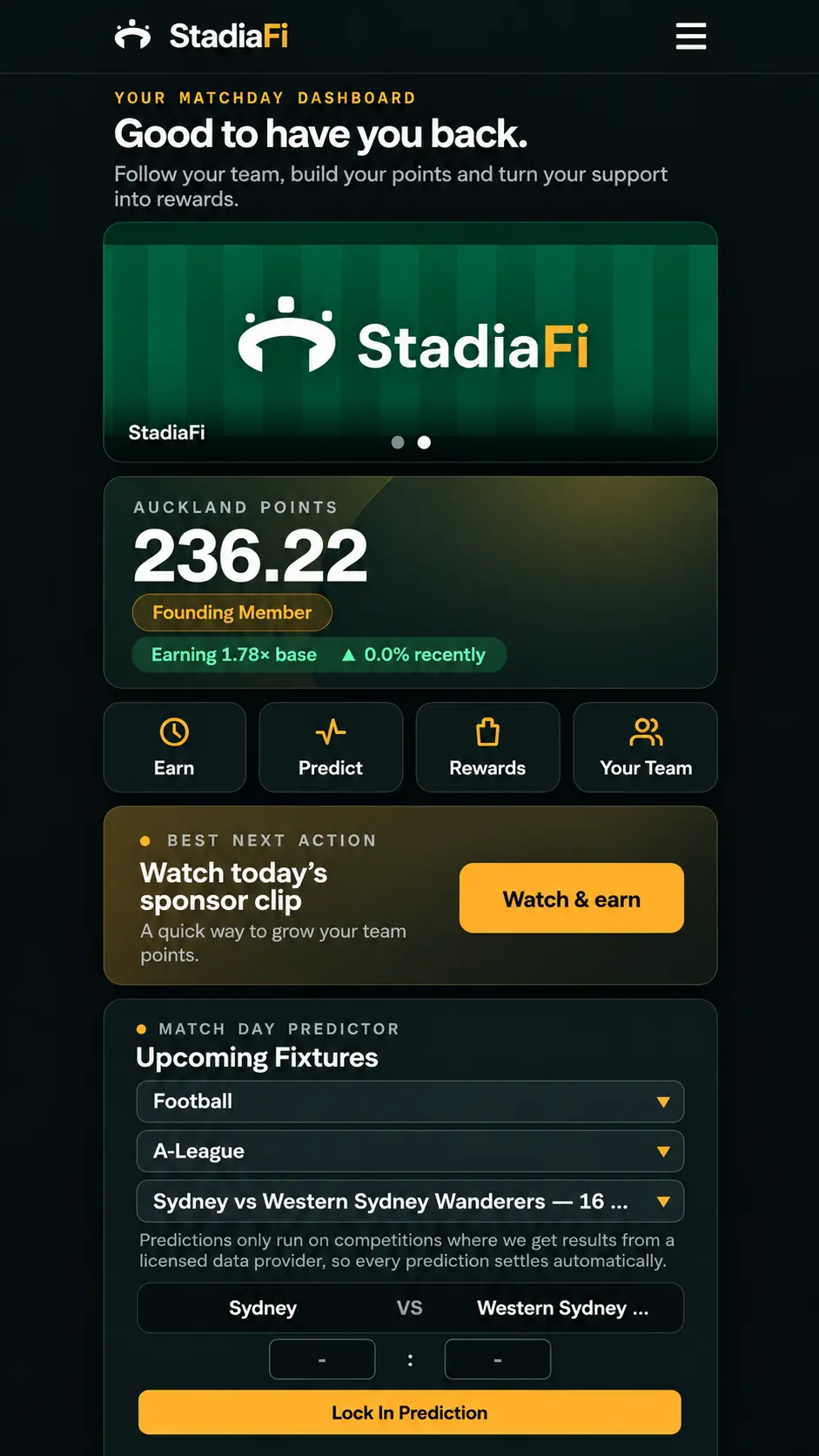 StadiaFi home screen showing points and earn rate